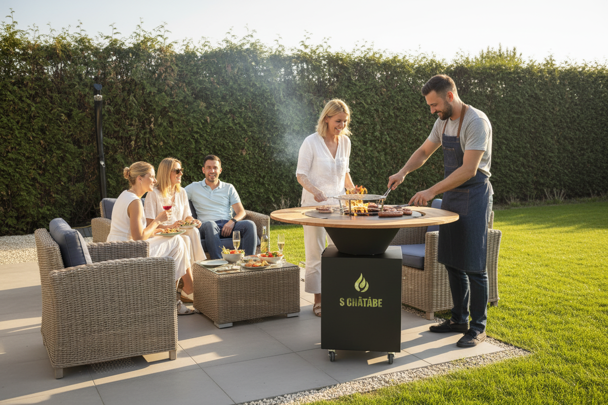 Outdoor scene with modern brasero grill